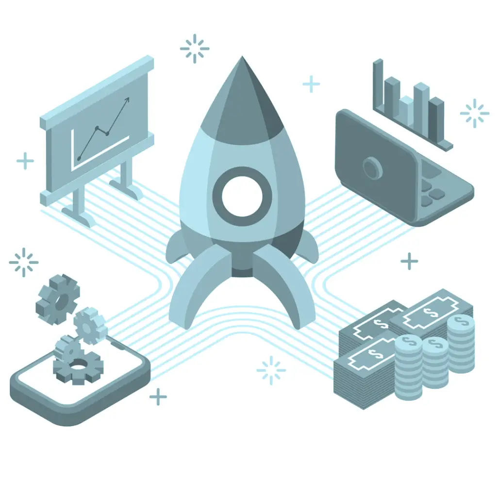 A futuristic digital illustration of a rocket symbolizing brand acceleration, surrounded by financial growth elements like graphs, money, and automation gears.